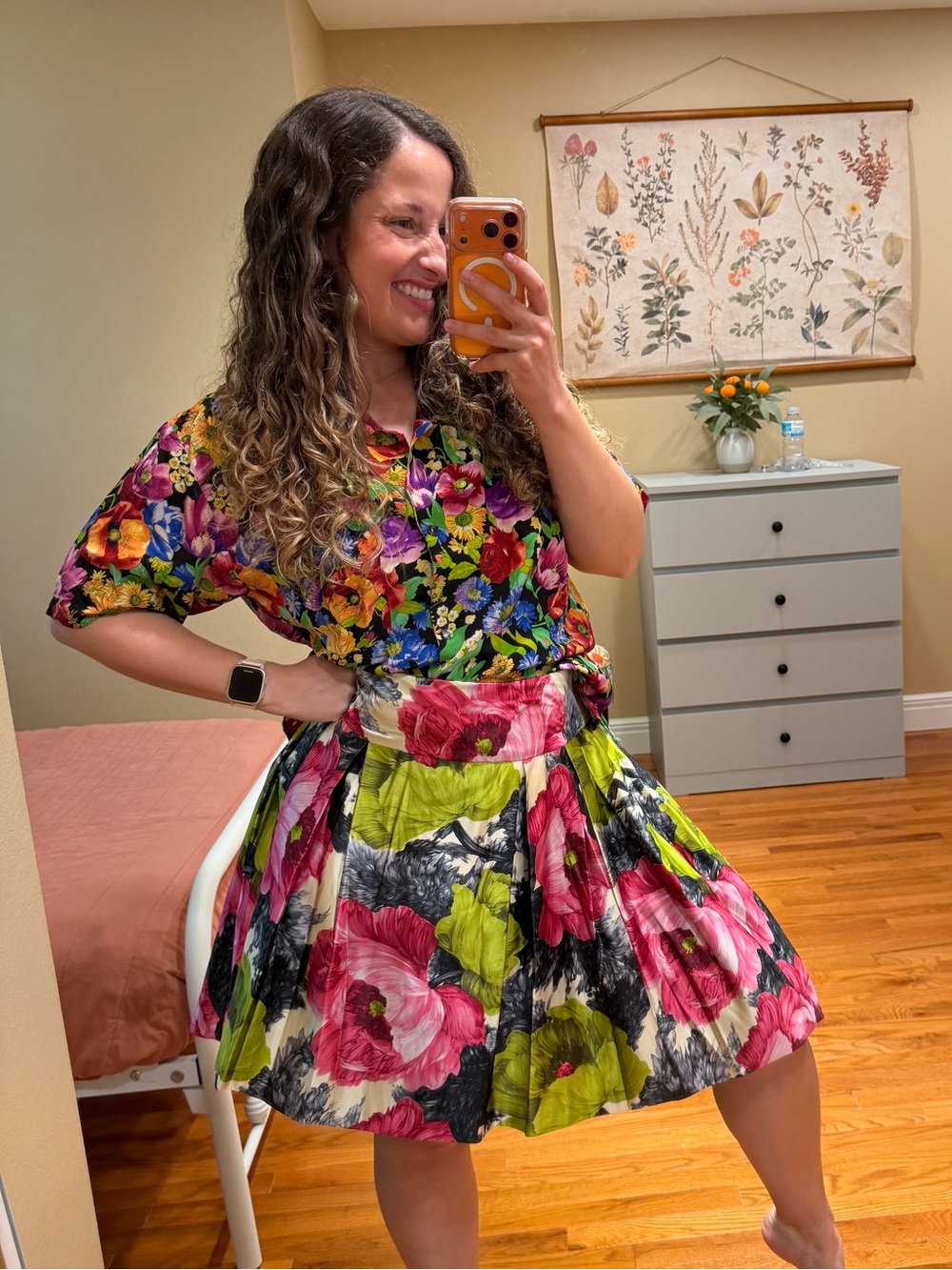 Milly Bright Floral A-Line Skirt in Pink, Green, Black, White 8